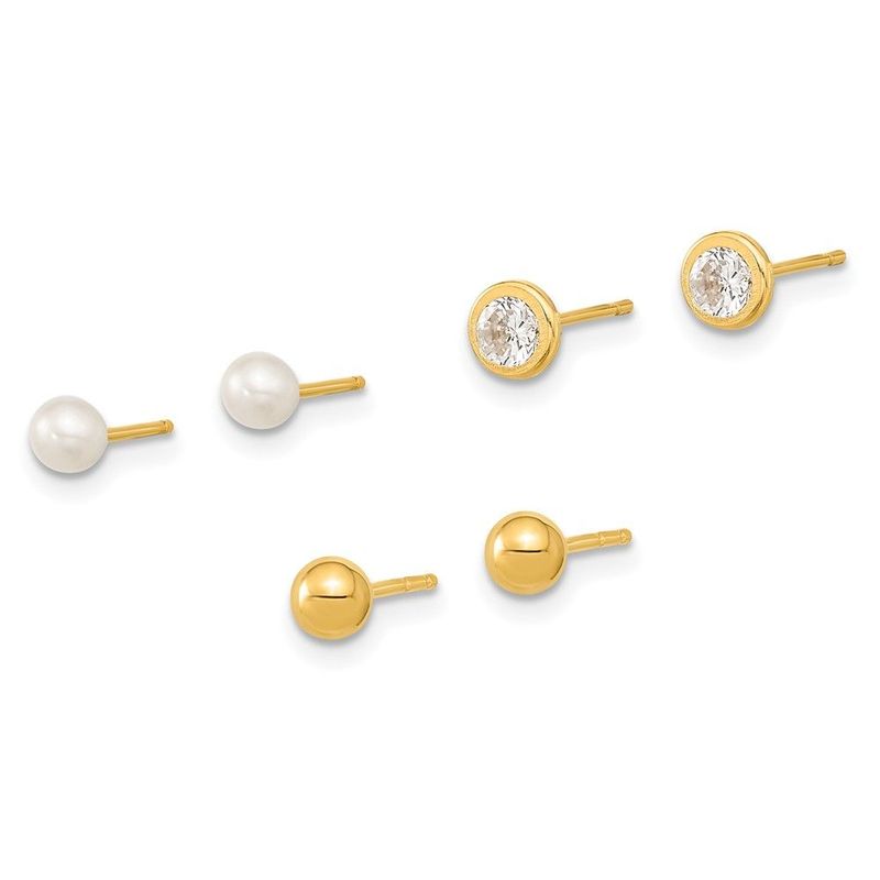 14K Polished Set Of Ball Post Pearl And CZ Bezel 3 Pair Earrings Set_voghion.com