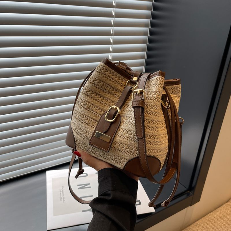 Borsa a tracolla in paglia con coulisse per donna, borsa estiva da spiaggia in rattan boho intrecciata a secchiello, intrecciata a mano, casual, con corpo a crosta_voghion.com