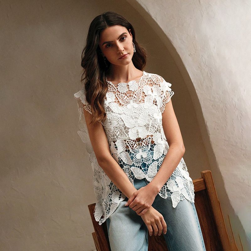 Sommerliche neue ausgehöhlte Weste, handgemachte gestrickte Spitzenstickerei, einfaches lockeres Oberteilkleid_voghion.com