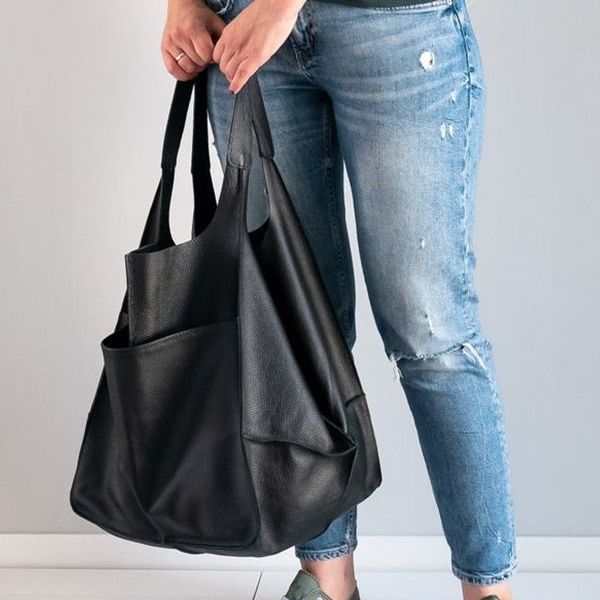 Damentaschen einfache große Tasche weiches Leder große Kapazität eine Schulter Handtasche Einkaufstasche handgemachte pflanzlich gegerbte Damentasche PG21_voghion.com