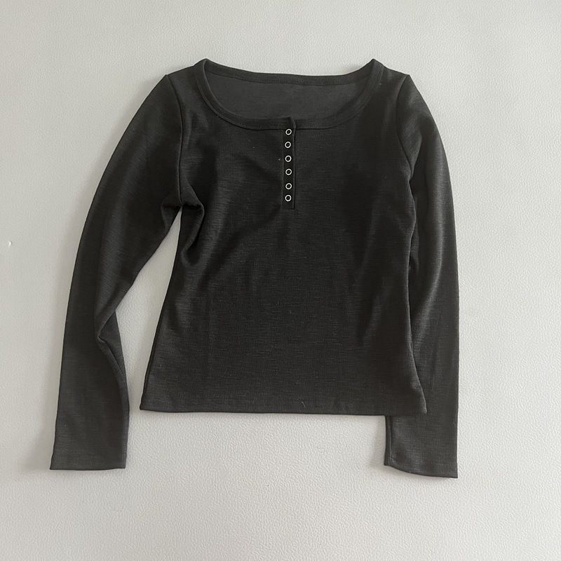 Langärmliges T-Shirt aus Rippstrick für Damen mit Halbknopfdetail – Weiches, dehnbares Oberteil mit Rundhalsausschnitt für den Herbst_voghion.com