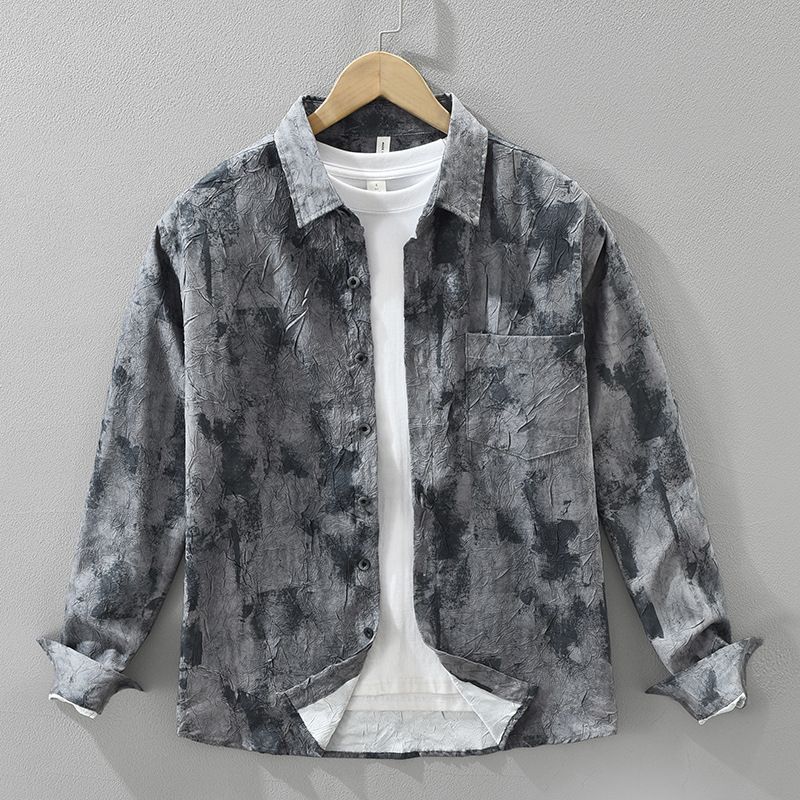 Camicia a maniche lunghe tie-dye fresh, alla moda e versatile, artistica e casual, con colletto ampio_voghion.com
