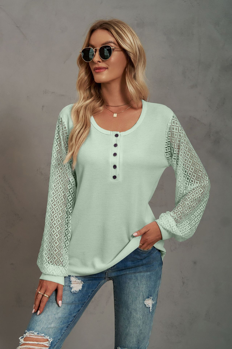 Women's Clothing Casual Waffle Grace Panel Long Sleeve Button T-shirt Top_voghion.com