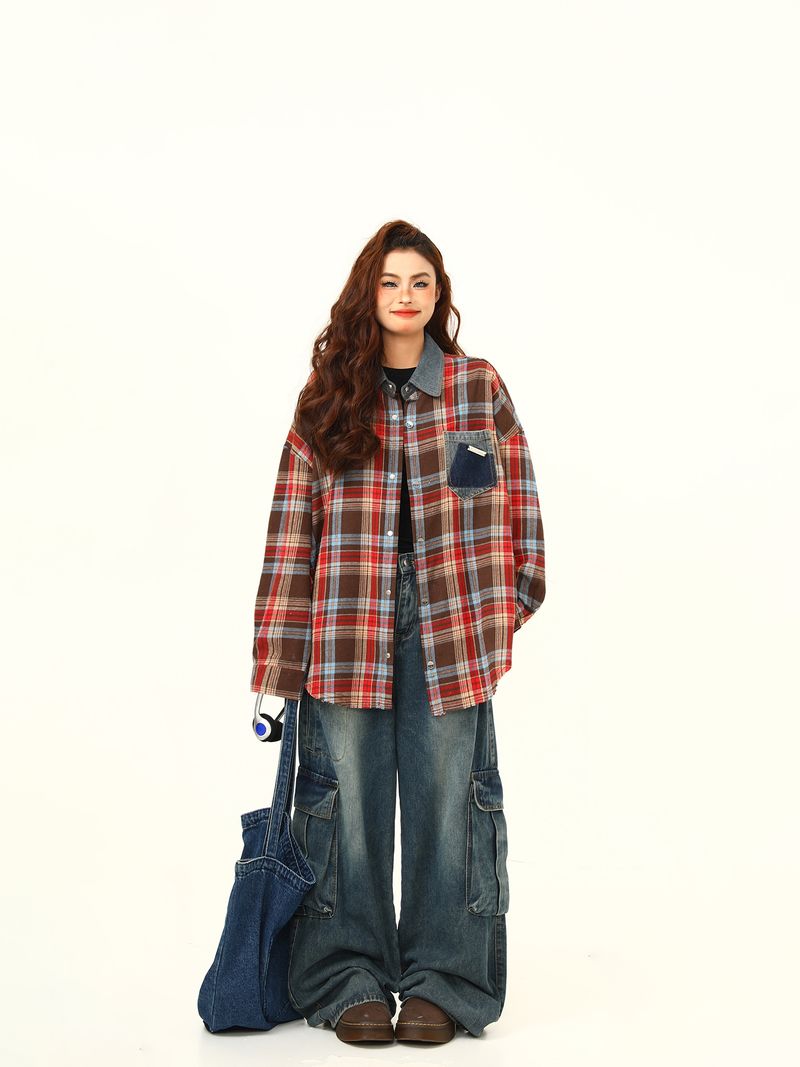 Camicia a quadri gialla a quadri Wild Azi, vestibilità ampia e versatile, per l'inizio dell'autunno, da donna, di alta qualità_voghion.com