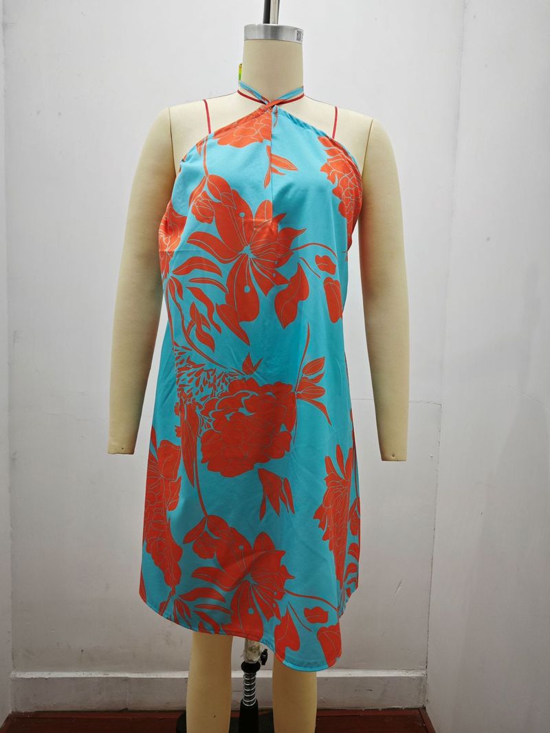 2025 Summer Printed Shoulder Hanging Neck Strap Loose Women's Dress For Women_voghion.com