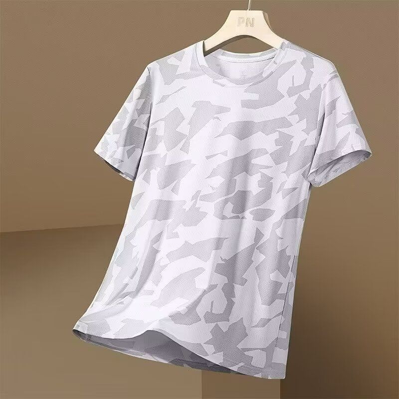 Herrenbekleidung Neues Sommer-T-Shirt aus Eisseide mit kurzen Ärmeln für Herren, dünne Camouflage, lockerer Rundhalsausschnitt, schnelltrocknend, strapazierfähiges T-Shirt für die Arbeit auf der Baustelle_voghion.com