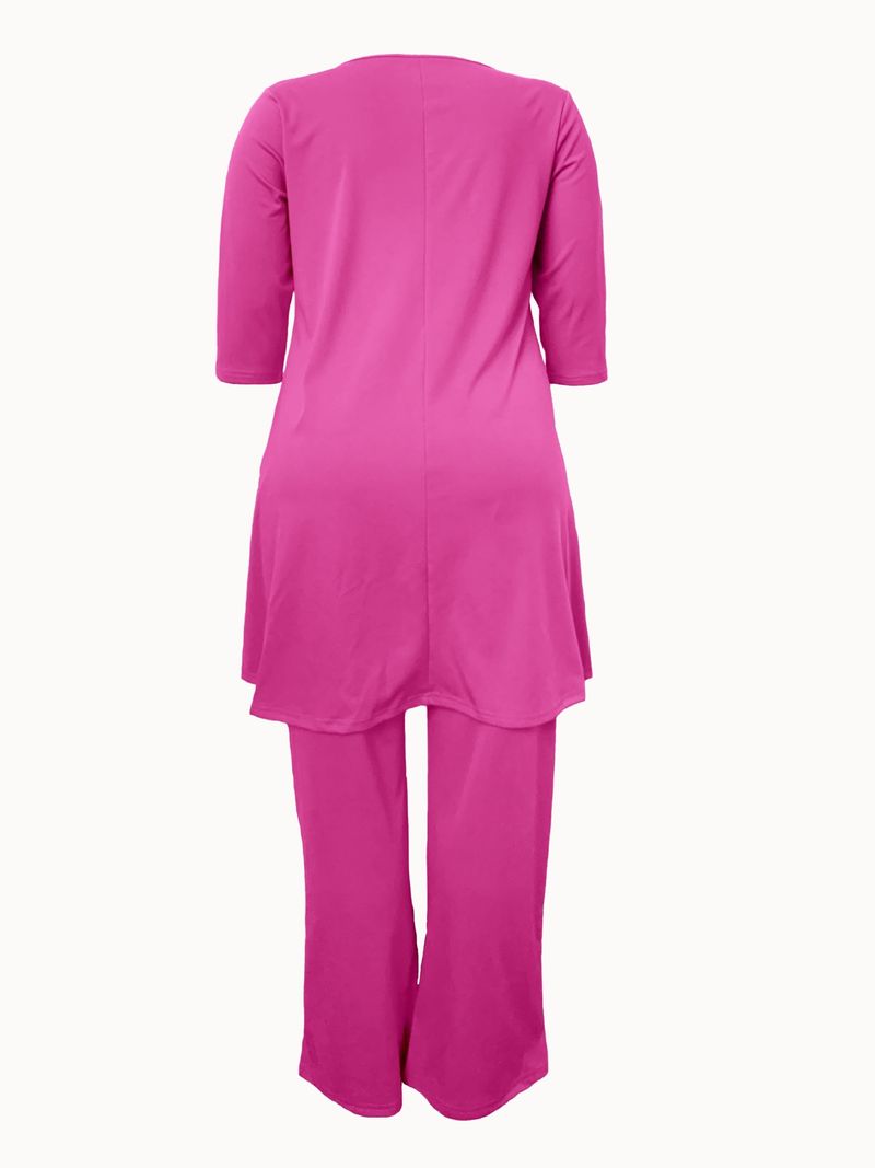 Conjunto feminino de duas peças, tamanho grande, manga comprida_voghion.com