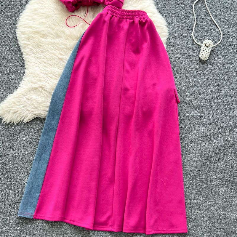 Roupas femininas Salty Light Mature Terno de duas peças para mulheres Verão Cordão na cintura Duas peças Top de manga curta Cintura alta Denim Patchwork Saia_voghion.com