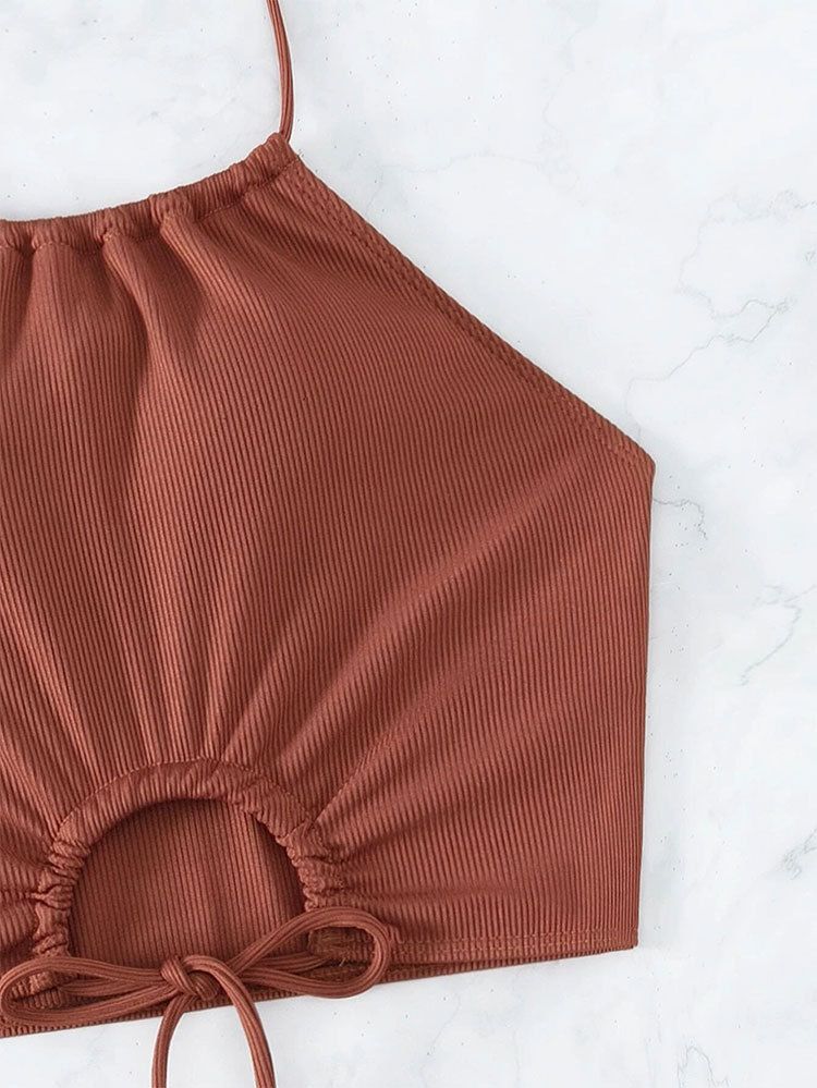 Maillot de bain deux pièces fendu, sexy, taille haute, col licou, couleur unie, bretelles_voghion.com