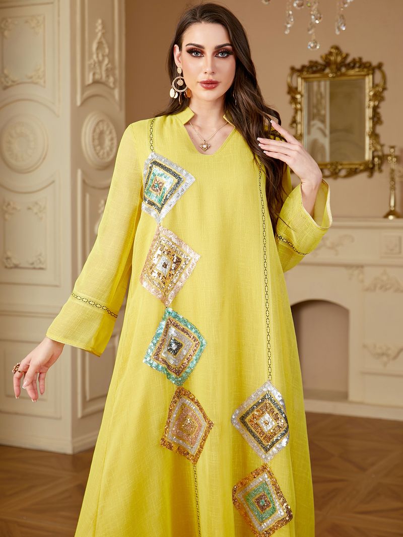 Women's Clothing Muslim Middle East Sleeved Abaya Sequined Long Skirt Saudi Arabia Dubai Dress_voghion.com
