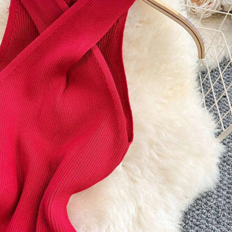 Women's Clothing Pure Desire Style Sexy Sleeveless Cross Halter Neck Knitted Dress Elastic Waist Slim Hip Skirt_voghion.com