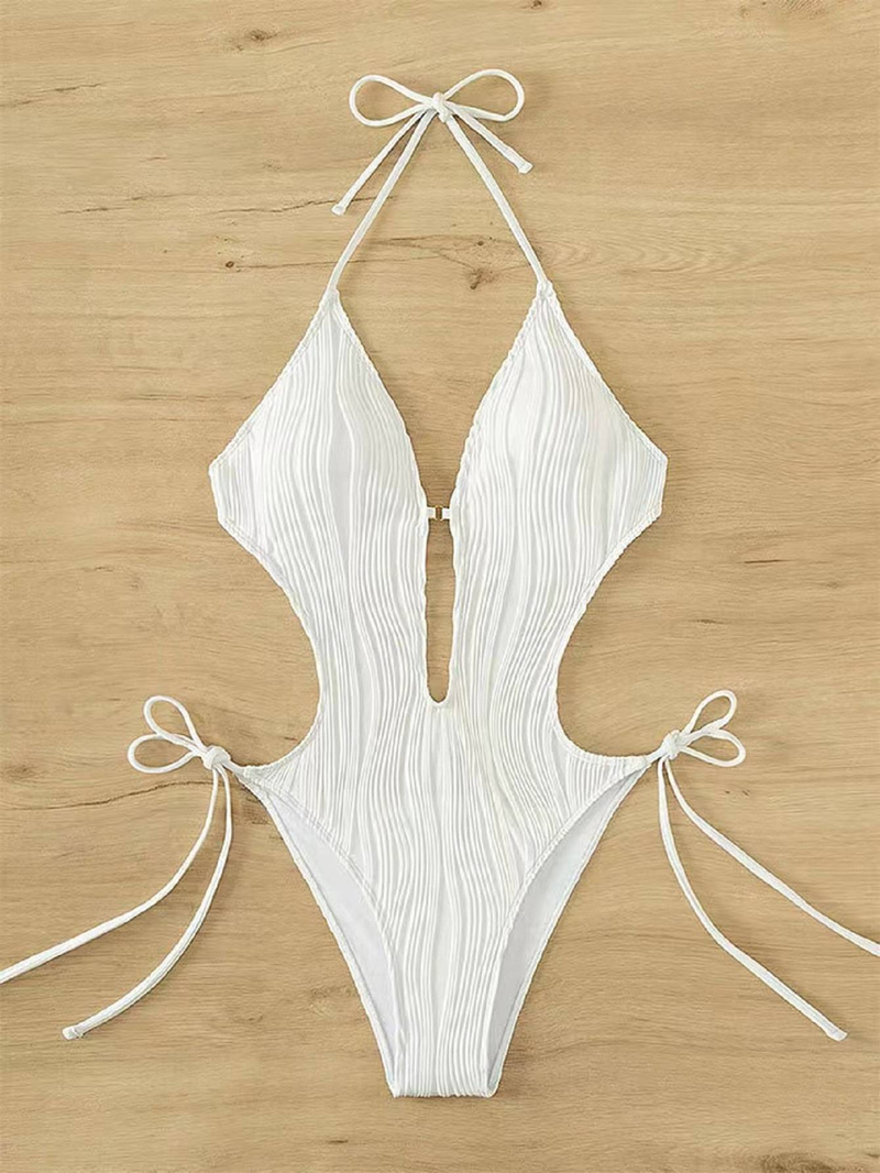Women's fashionable bikini solid color drawstring adjustable pit stripe fabric one piece swimsuit_voghion.com