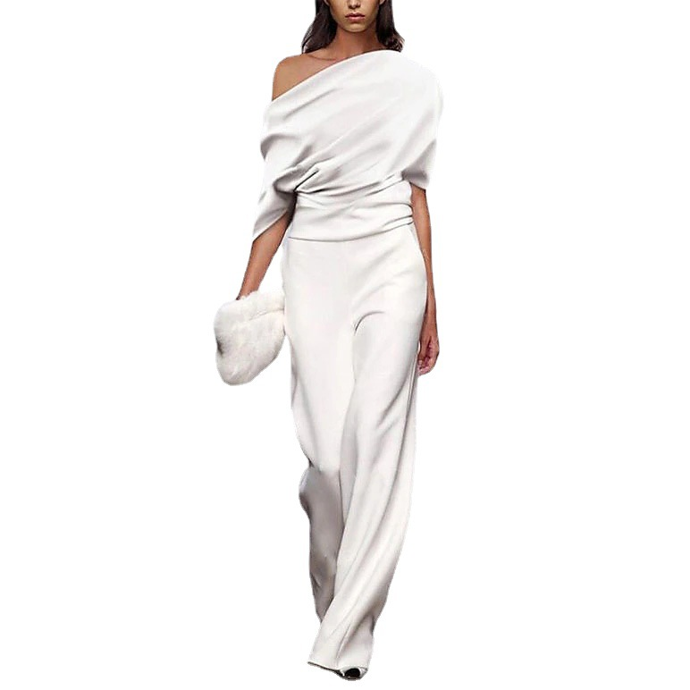 Women's Clothing One-Line Collar Jumpsuit Loose Casual Women's Solid Color Temperament Commuter Pants_voghion.com