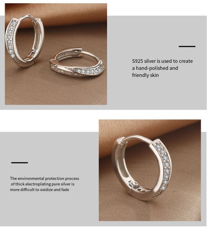 Pure silver plain ring inlaid with zircon earrings daily essential versatile commuting niche ins style_voghion.com