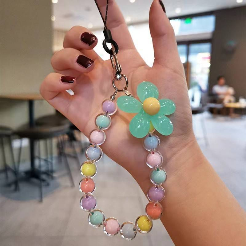 „Macaron“ spalvos karoliukai karoliukuose, japoniško ir korėjietiško stiliaus rankų darbo karoliukų gėlės formos mobiliojo telefono grandinėlės riešo dirželis_voghion.com