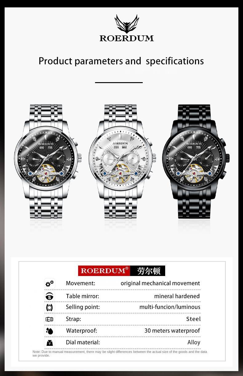 ROERDUM Apocalypse Knights Series – Dual-Color Luminous Hands, Silver-Black Dial, Stylish Men's Mechanical Wristwatch_voghion.com