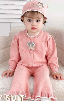 Mother & Kids Soft Cotton Baby Girl Outfit 2-Piece Set Cute Cartoon Print Long Sleeve Cardigan & Pants (White, Pink, Gray, Beige, Red, Green)_voghion.com