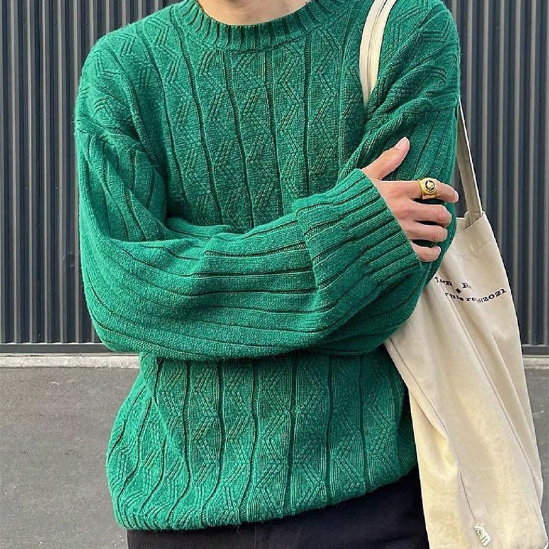 Maglione girocollo in maglia a trecce da uomo, tinta unita, con bottoni, caldo strato di base in maglia, maglione in stile old money_voghion.com