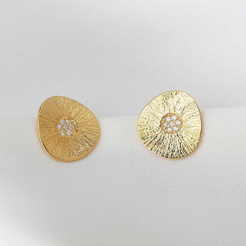 Orecchini a bottone con distanziatore a forma di foglia di loto in argento e oro, con venature del legno spazzolato, placcati in oro, stile coreano, stile INS, nicchia femminile, tutto abbinato_voghion.com