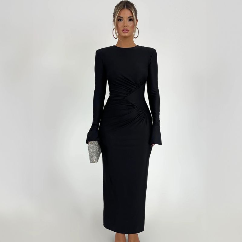 Women's Clothing Flared Sleeve Bodycon Dress - Elegant High Waist Ruffle Midi Dress With Round Neck_voghion.com