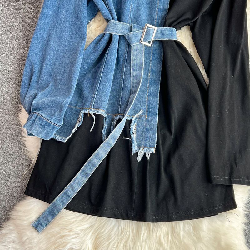 Abbigliamento da donna vita temperamento con cintura in tinta unita in denim abito casual di media lunghezza T_voghion.com