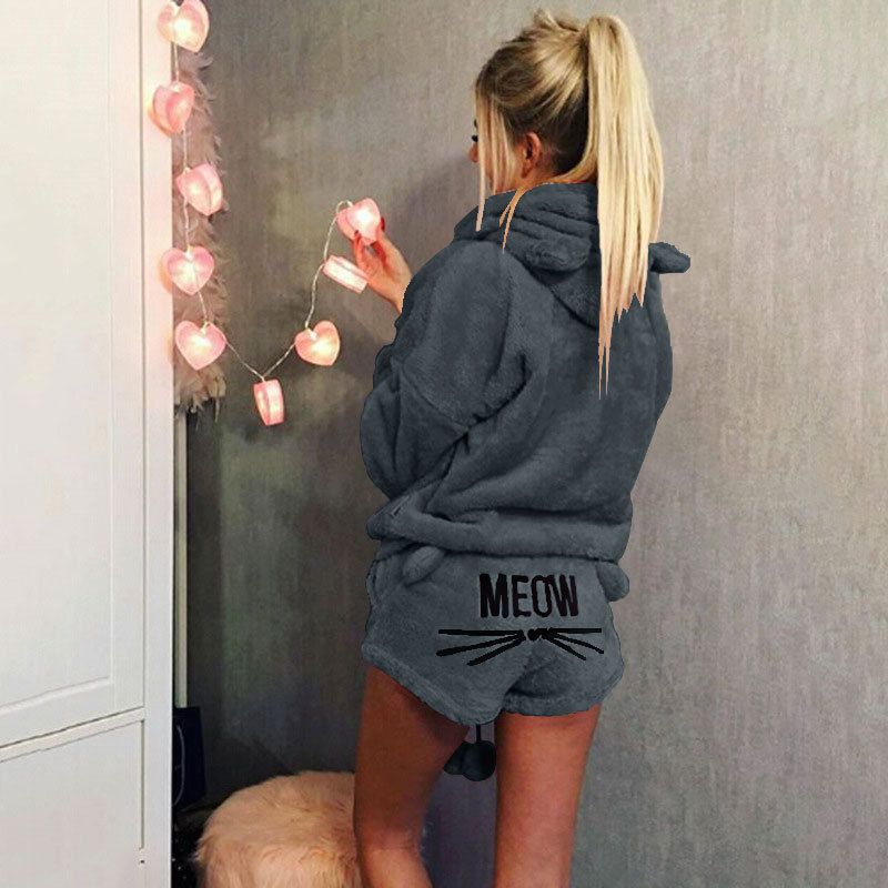 Damenbekleidung, Kleidung, Katze, bestickt, Pyjama, Kapuze, Freizeitanzug, zweiteiliges Set_voghion.com