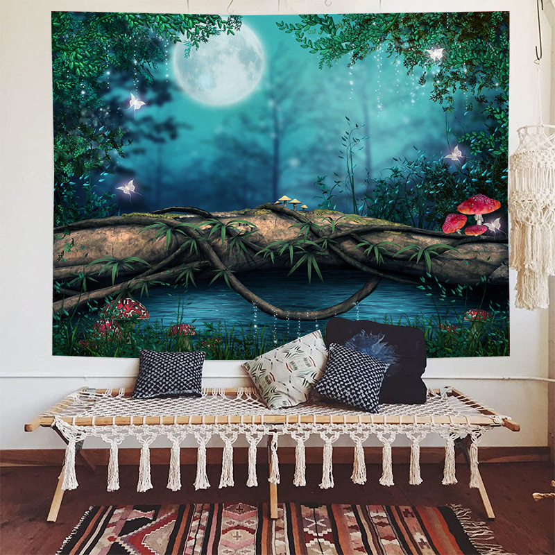 Sea view decorative fabric, dormitory home wallpaper, ins live broadcast background tapestry, psychedelic forest_voghion.com