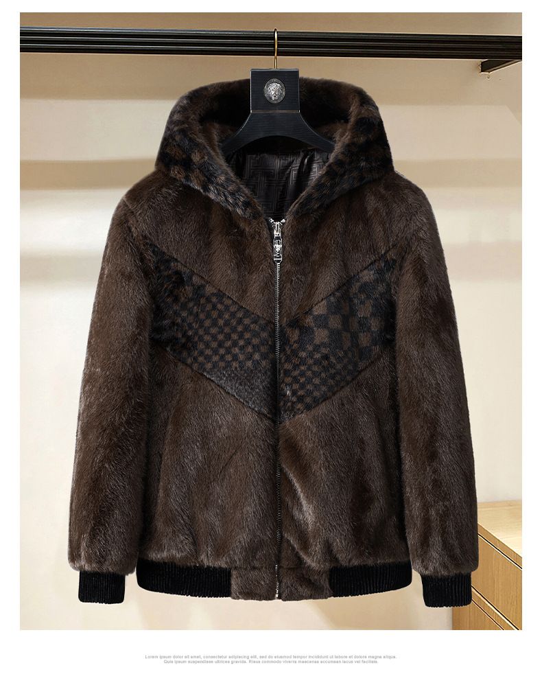 Cappotto in visone sintetico premium da uomo - Giacca invernale con cappuccio, pelliccia di montone color oro e design color-block_voghion.com