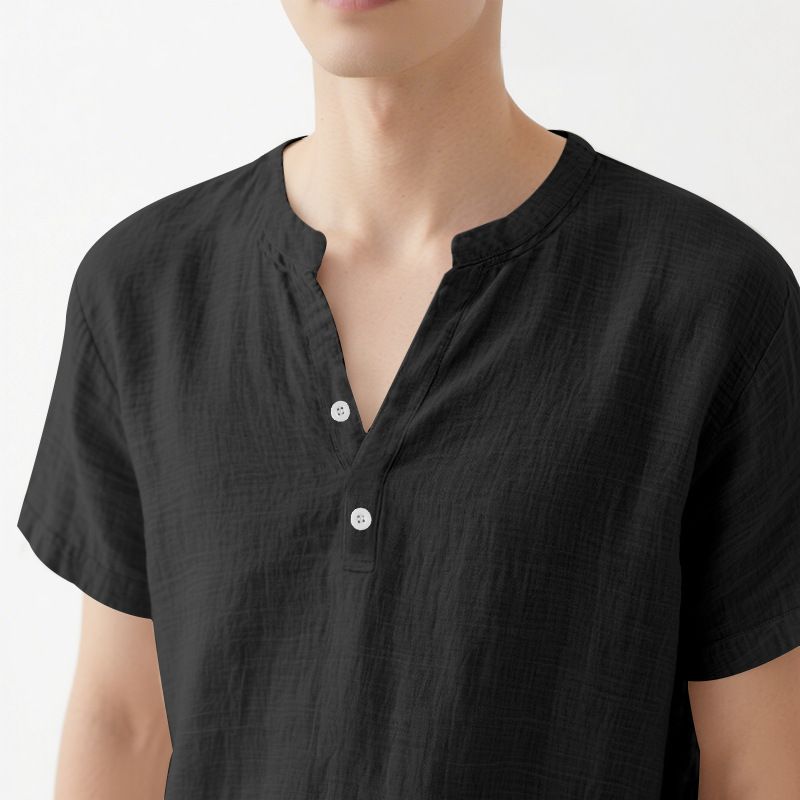 Camicia da uomo slim fit in lino, traspirante, a maniche corte, antipiega, elasticizzata, casual, tinta unita, per l'estate (bianco/nero/kaki/azzurro S-XXXL)_voghion.com