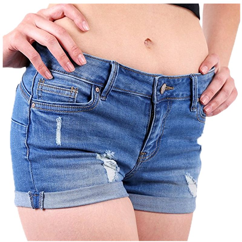 Pantaloni corti strappati alla moda da donna, con orlo bianco, elastici, vita alta, aderenti, in denim_voghion.com