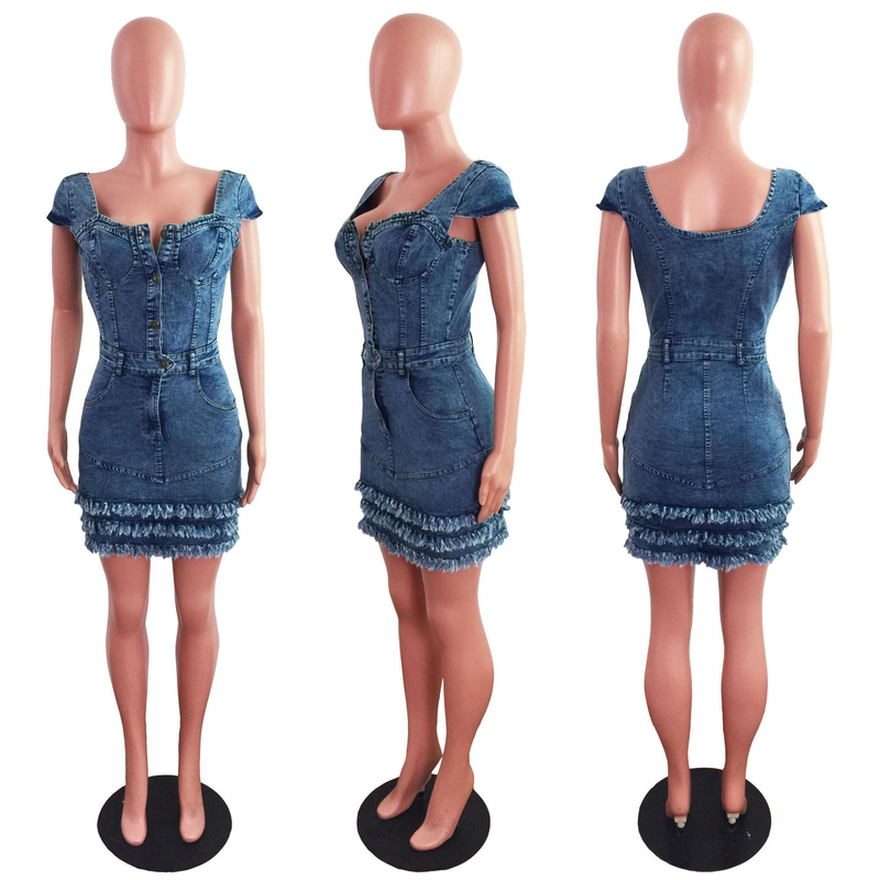 Robe en jean slim à la mode pour femmes, avec franges_voghion.com