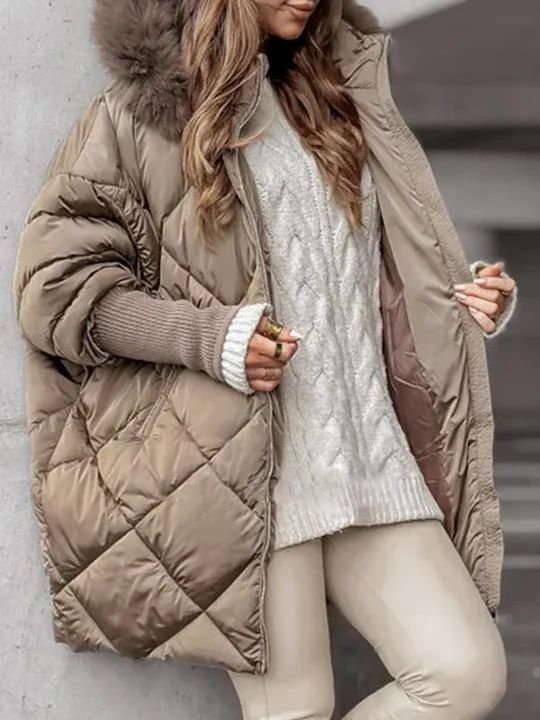 Damenbekleidung Winter Warme Baumwolljacke mit Pelzkragen Damen Reißverschluss Langarm Schlanke Baumwolljacke mit Kapuze_voghion.com