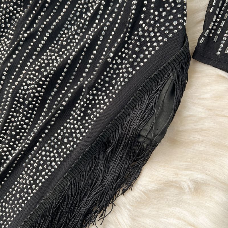 Costum de damă cu temperament de vedetă, la modă, cu mânecă lungă, de nișă, sexy, cu diamant, slim fit, cu fustă versatilă și ciucuri, costum din două piese_voghion.com