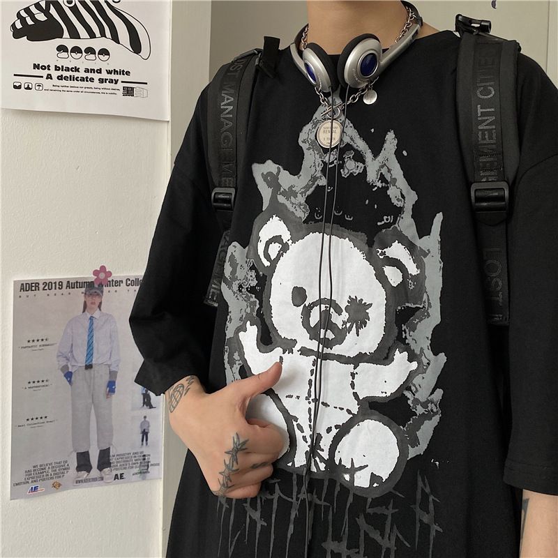 Men's Clothing summer new fashion brand pure cotton bear cartoon print men's Korean loose short sleeved T shirt men's couple wear_voghion.com