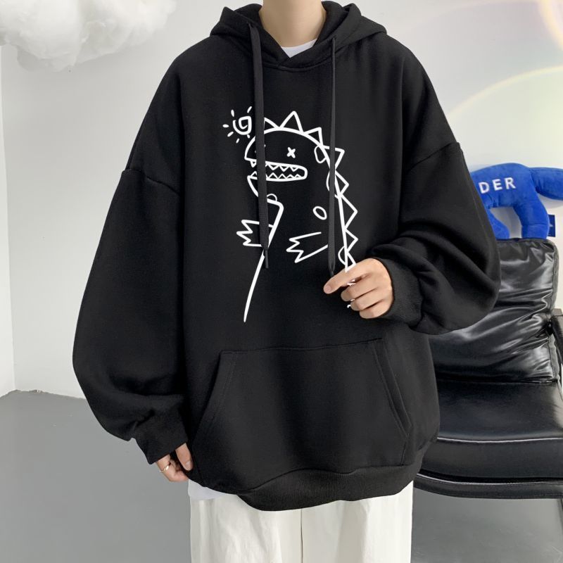 Felpa con cappuccio da uomo con graffiti di dinosauri, top da coppia ampio di tendenza autunnale, giacca con cappuccio oversize foderata in pile 12_voghion.com