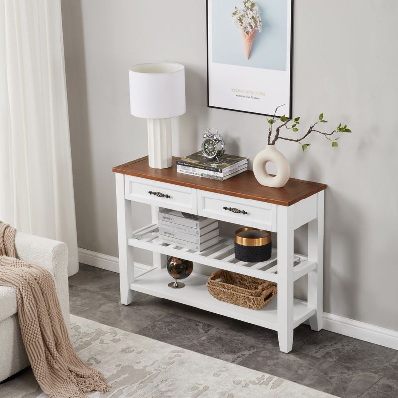 Retro Design Console Table With Two Open Shelves, Pine Solid Wood Frame And Legs For Living Room_voghion.com