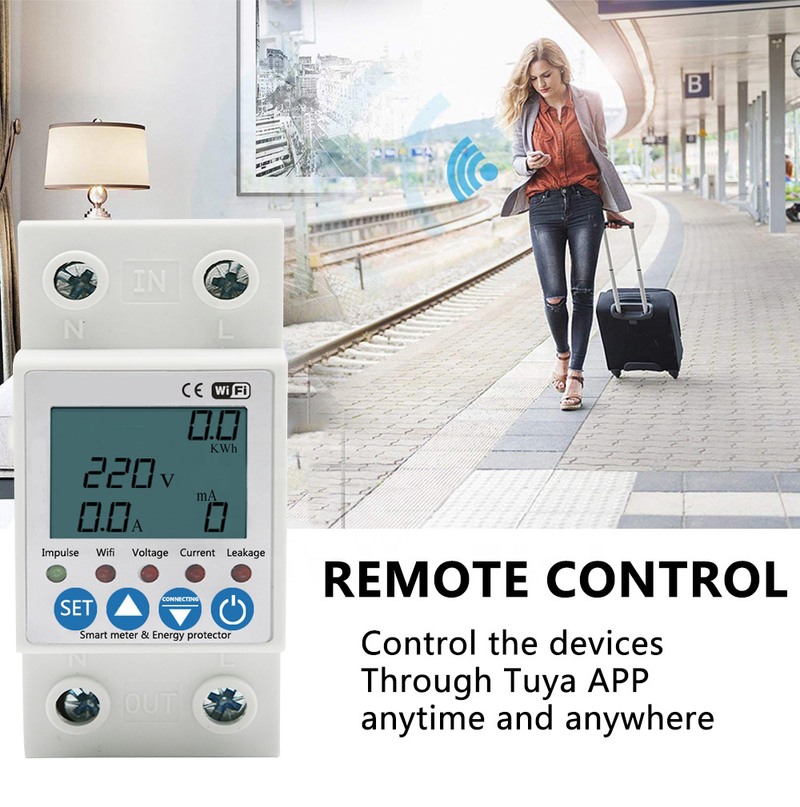 Tuya WIFI miniature circuit breaker 63A power meter MCB overload protection 2P air switch with screen display_voghion.com
