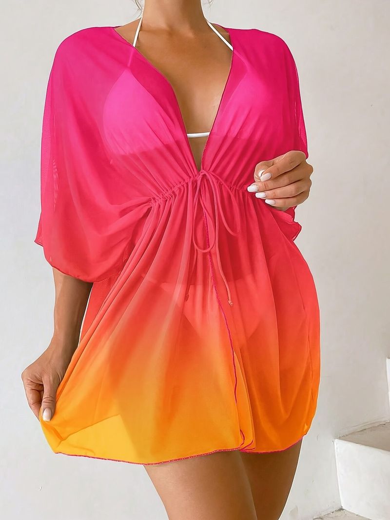 Gradient Color Drawstring Waist Sunscreen Cardigan Bikini Beach Vacation Cover-Up_voghion.com