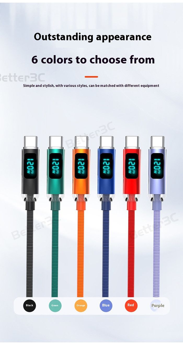 120 W Digitalanzeige USB/Typ C auf Typ C Kabel 6 A Superschnelllade Typ C Ladegerät Adapter Anti Biegen Weben Datenkabel für PC Laptop iOS15/16_voghion.com