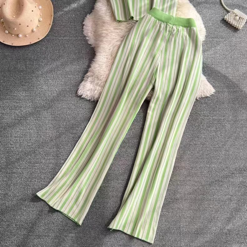 Women's Clothing round neck striped knitted vest top, two-piece suit, high waist, slimming, straight wide-leg pants_voghion.com