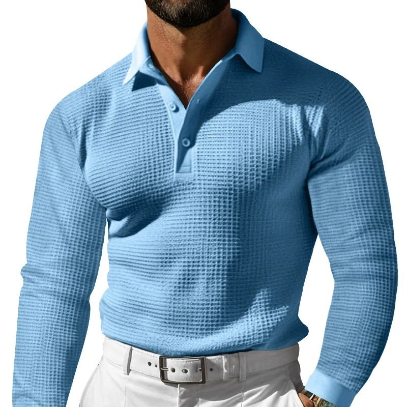 Herren-Poloshirt mit Waffelstrick und langen Ärmeln und Button-Down-Kragen – bequemes und stylisches Freizeit-T-Shirt für den Alltag_voghion.com