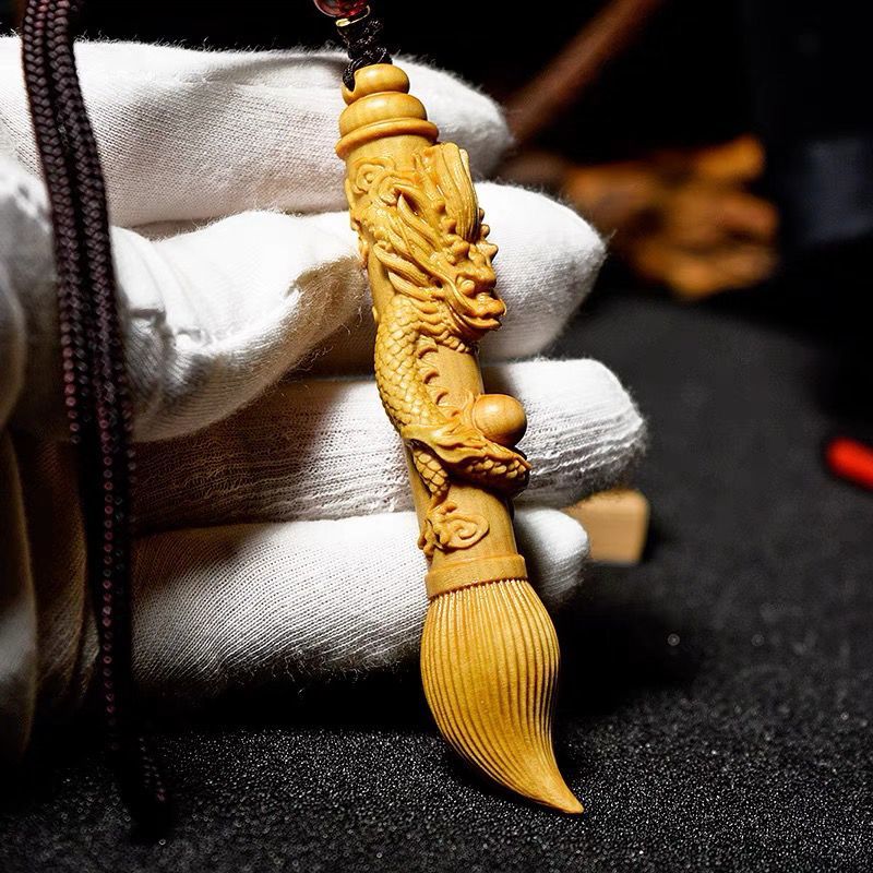 Small Leaf Boxwood Carving Coiled Dragon Gold List Name Calligraphy Brush Cultural Plaything Handheld Ornament Exam_voghion.com
