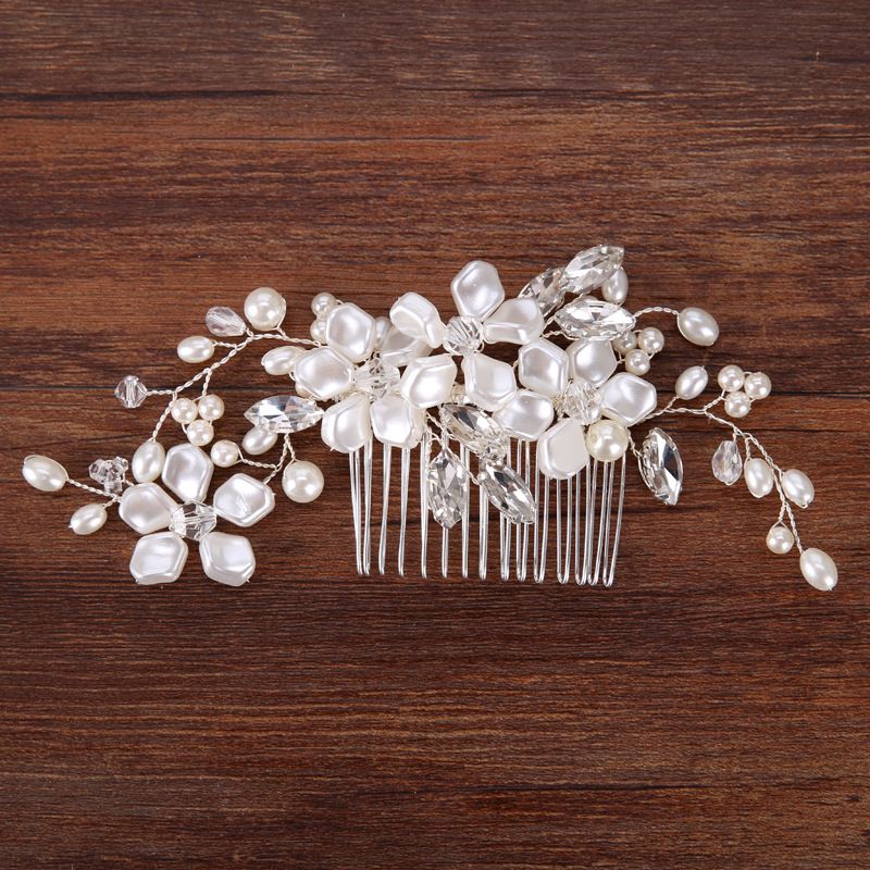 Conjunto de joias femininas da moda para noivas, pente de cabelo de pérolas feito à mão, flor branca, fio de cobre, acessórios para cabeça de noiva_voghion.com