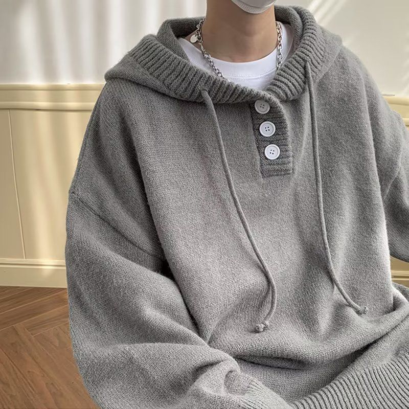 New solid color soft and sticky hooded knitted casual loose autumn and winter top men's sweater hooded versatile autumn and winter lazy_voghion.com