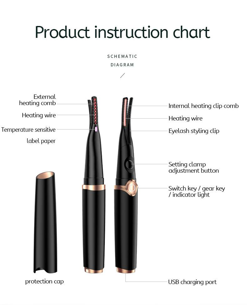Beheizte Wimpernzange, elektrische Wimpernzange, wiederaufladbare Wimpernzange mit Wimpernkamm für Make-up, natürliches Wimperngekrümmung, 24 Stunden lang haltbar_voghion.com