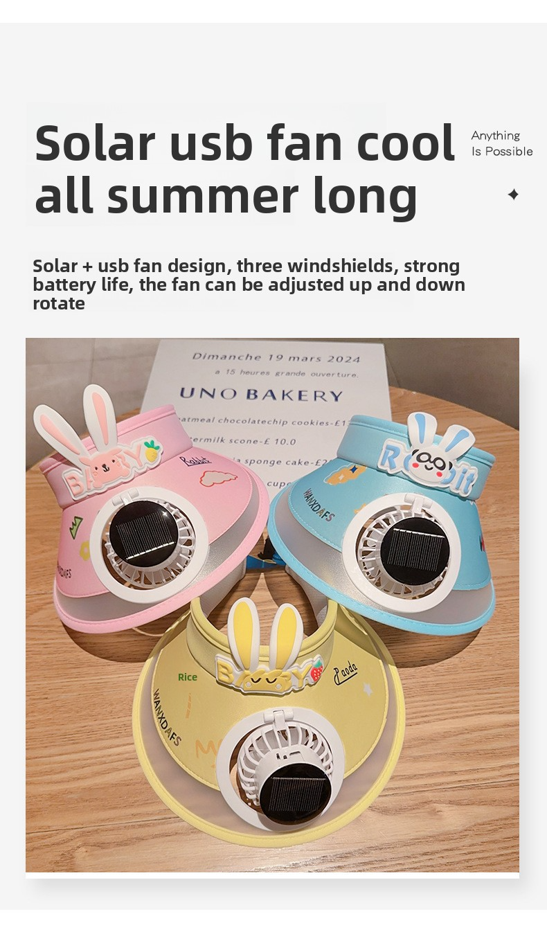 Kids Solar-Powered Bunny Ear Cooling Hat - Cartoon Sun Cap With Built-in Fan (UV Protection Adjustable For Outdoor Play Lightweight & Breathable)_voghion.com