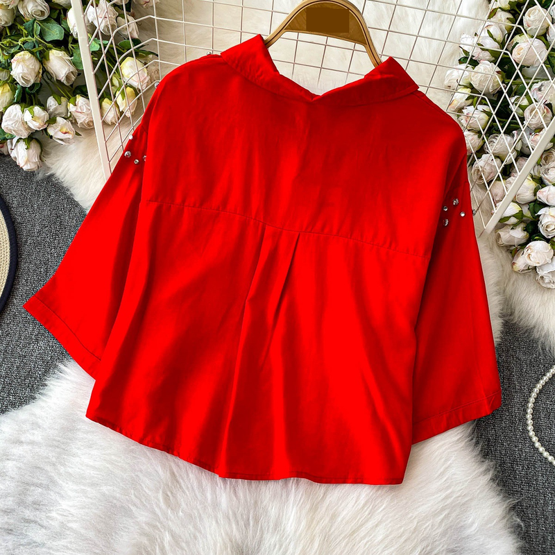 Luxe blouse met versieringen voor dames, statement revers, top met halflange mouwen, 8 levendige kleuren (zwart/groen/rood/meer) voor op kantoor en een avondje uit_voghion.com