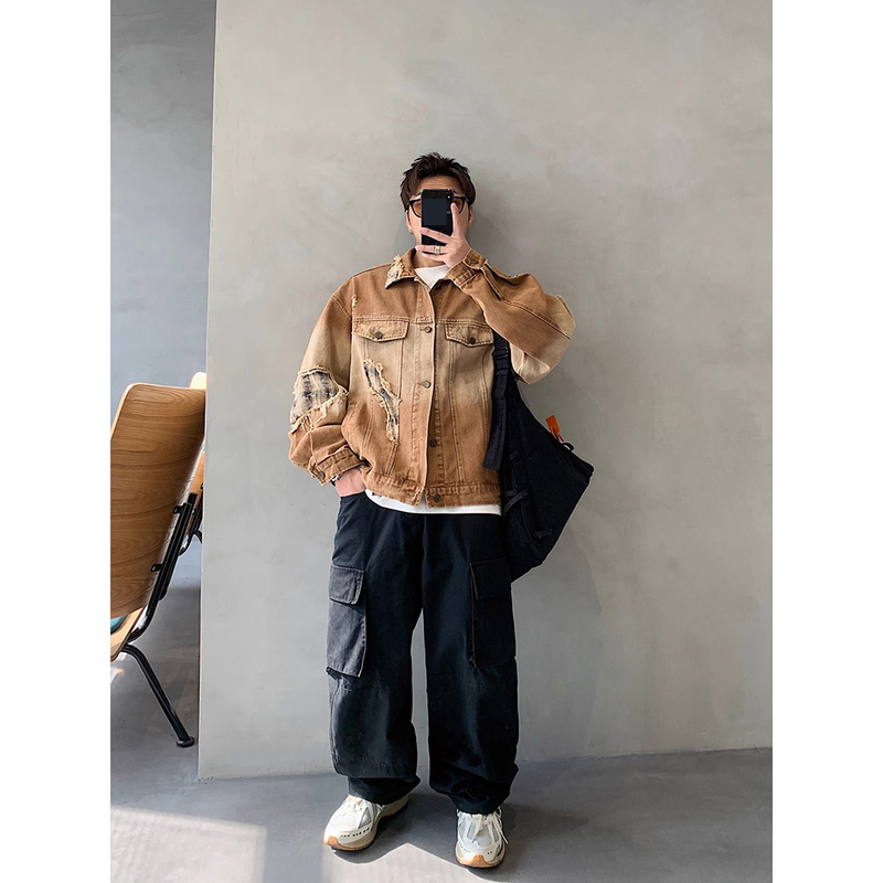 Vintage Distressed Denim Jacket With Gradient Color & Collar Design, Loose Fit Casual Coat For Men & Women_voghion.com