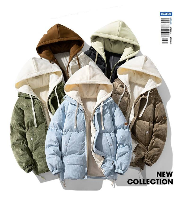 Piumino in velluto a coste sintetico con cappuccio, due pezzi - Cappotto invernale trapuntato caldo per uomo e donna (nero, beige, azzurro, verde militare, caffè, dalla S alla XXXL)_voghion.com