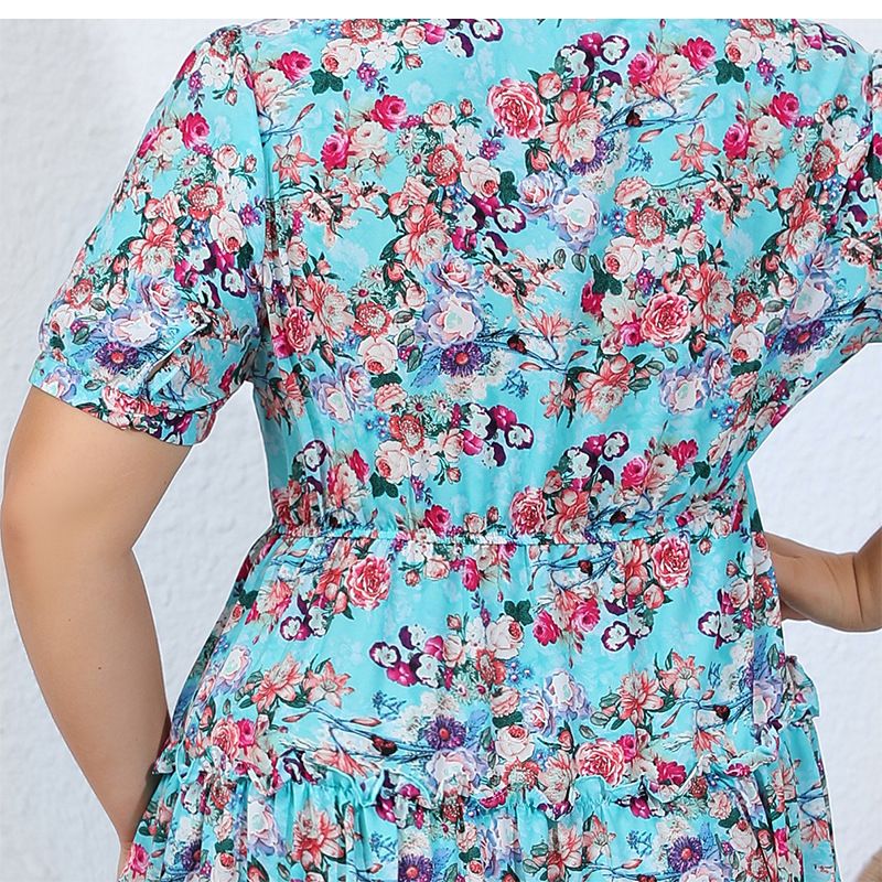Women's large-size chiffon dress ruffled V-neck elastic waist floral mid-length skirt_voghion.com